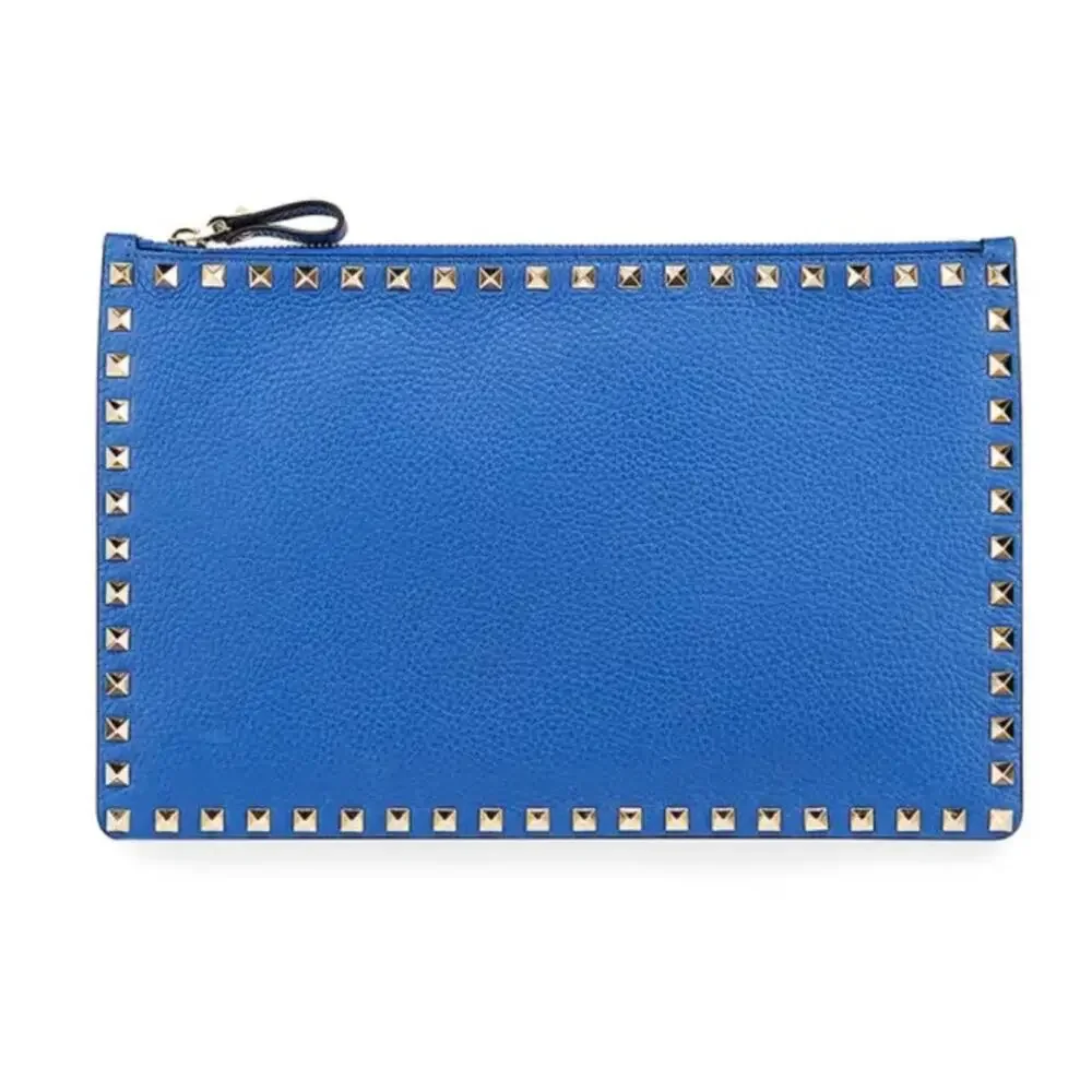 Valentino Garavani Rockstud Large Leather Zip Pouch Bag, Blue